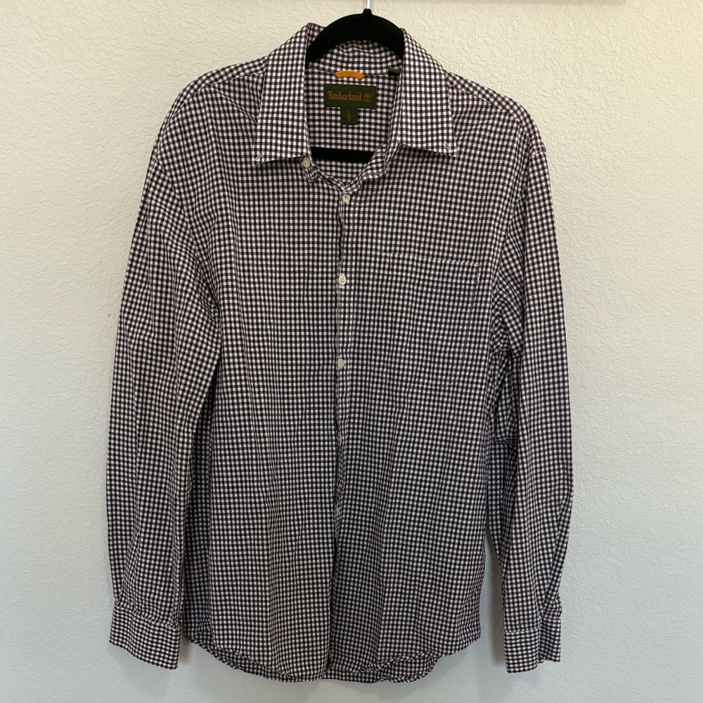 Timberland Buttondown Buffalo Check Plaid Burgundy White Long Sleeve Shirt Large